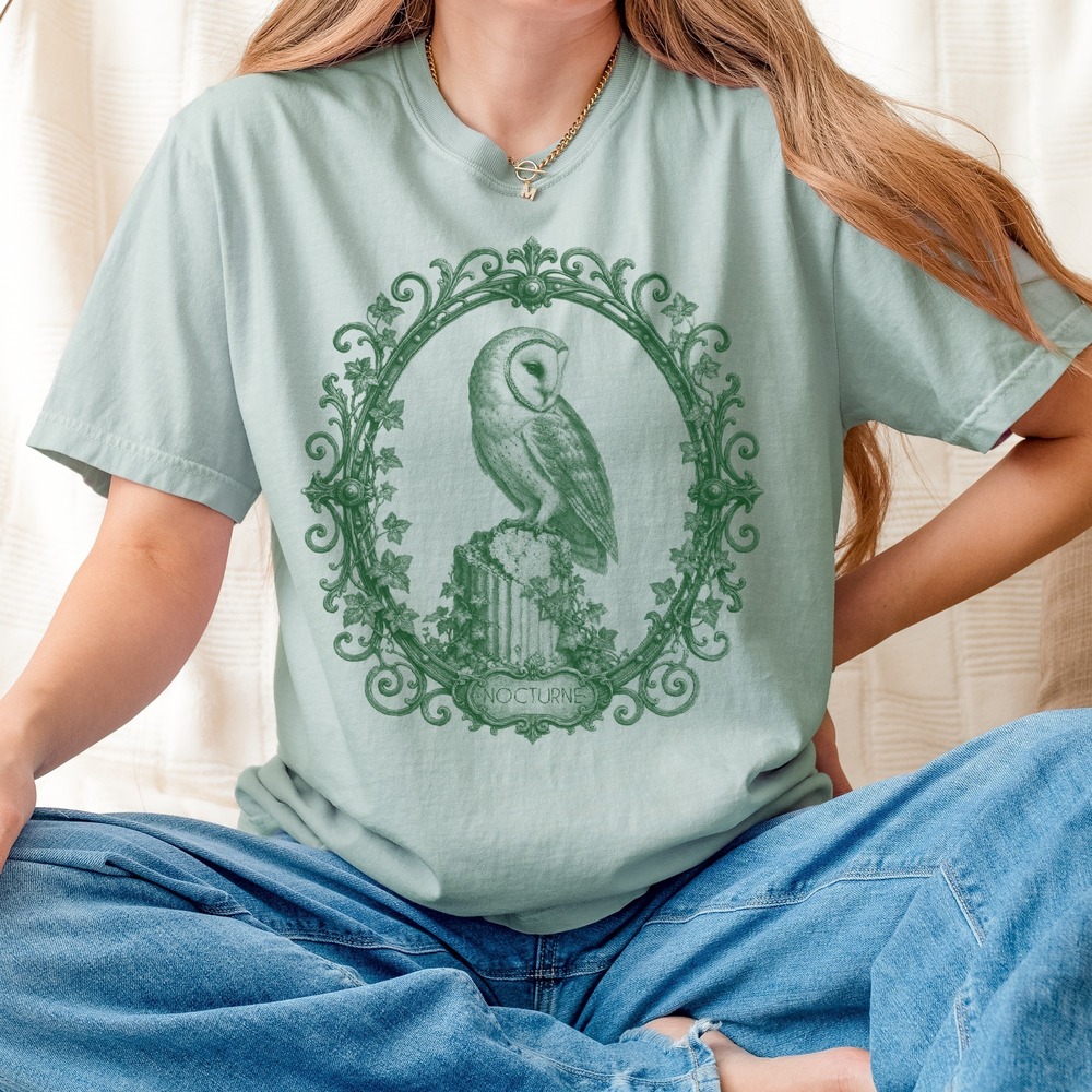 Nocturne Barn Owl Perched on Ivy-Wrapped Column Gothic Tee